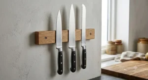 An essential kitchen knife trio comprising an 8-inch chef knife, a 10-inch chef knife, and a serrated bread knife mounted on a magnetic wall strip.