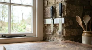 A professional stiff boning knife and a serrated bread knife displayed together on a magnetic kitchen rack.