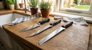 A collection of essential kitchen cutlery featuring a boning knife, a filleting knife, and a serrated bread knife.