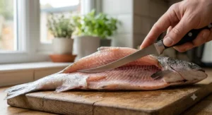Using a sharp fish filleting knife to expertly bone and fillet a whole salmon, showing blade flexibility.