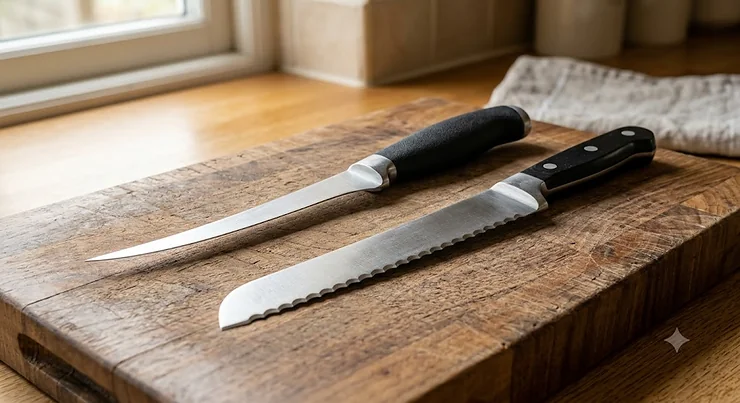 A comparison between a flexible fish filleting knife and a sharp serrated bread knife on a wooden chopping board.