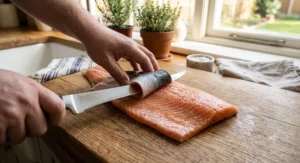 A flexible filleting knife being used to smoothly skin a fresh salmon fillet on a kitchen counter.