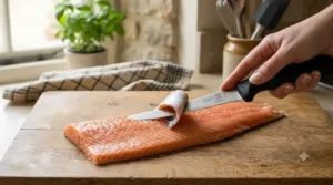 A sharp flexible filleting knife being used to carefully remove the skin from a fresh salmon fillet in a British kitchen.
