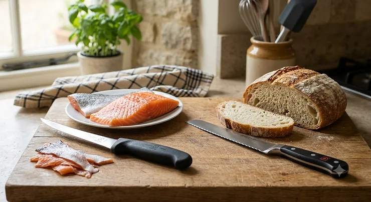 A comparison between a flexible filleting knife for skinning fish and a serrated bread knife for slicing loaves side by side on a wooden chopping board.