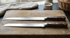 Side by side comparison of a straight-edge ham slicer knife and a serrated bread knife