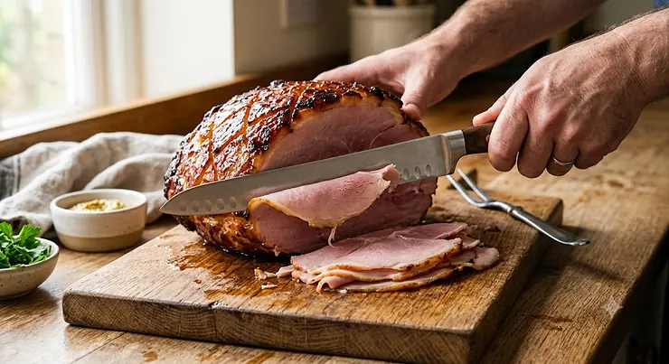 A long flexible ham slicer knife carving thin slices of glazed roast ham on a wooden board