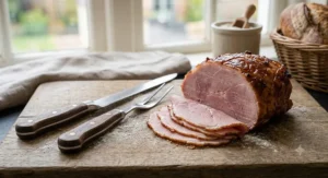 A traditional ham slicer knife and carving fork set alongside a joint of sliced cured ham