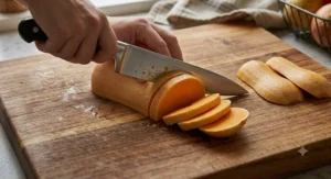 A heavy-duty 10-inch chef knife slicing through a large butternut squash, demonstrating the extra power and leverage of the longer 25cm blade.
