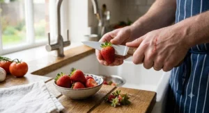 Hulling fresh British strawberries with a precision straight paring knife in a brightly lit kitchen.