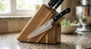 Precision Japanese steel utility knife displayed inside a modern wooden kitchen knife block