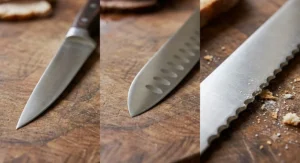 Close-up comparison of the pointed tip of a carving knife versus the rounded tip of a slicing knife and the toothed edge of a bread knife