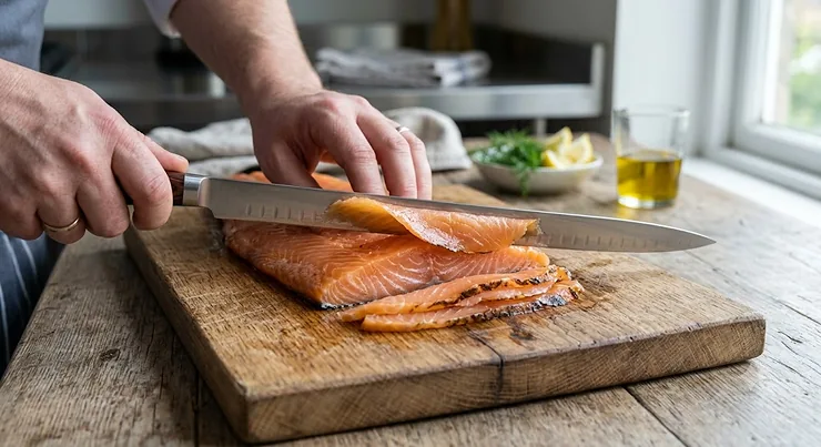 Long flexible salmon slicing knife cutting thin slices from a smoked salmon fillet on a wooden carving board.