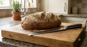 Long serrated bread knife resting next to a freshly baked British bloomer loaf