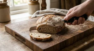An offset bread knife slicing cleanly through a crusty artisanal sourdough loaf, showing knuckle clearance above the kitchen worktop.