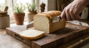 Using an offset bread knife to effortlessly slice a soft, white tin loaf sandwich bread without squashing the crust.