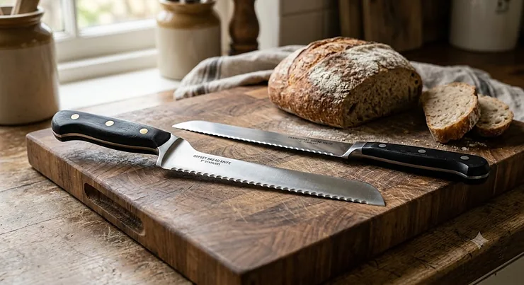 A comparison between an offset bread knife with an elevated handle and a traditional straight serrated bread knife on a wooden chopping board.