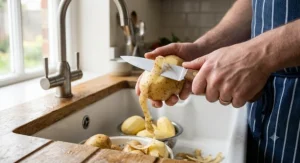 Close up of a cook peeling Maris Piper potatoes over a kitchen sink using a sharp straight paring knife.
