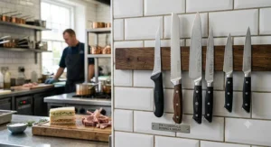 A collection of premium kitchen knives highlighting the best boning knife and a serrated bread knife on a magnetic strip.