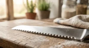 Detailed view of the sharp scalloped edge on a premium stainless steel serrated bread knife, ideal for hard crusts.