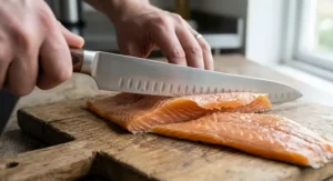 Flexible granton dimpled blade of a professional salmon slicing knife designed to prevent sticking.