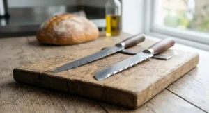 Professional salmon slicing knife and serrated bread knife neatly displayed on a wooden magnetic knife block.