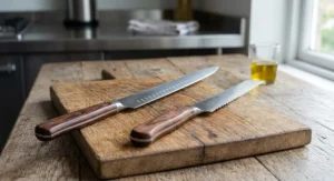 Side by side comparison of a flexible dimpled salmon slicing knife and a sharp serrated bread knife.