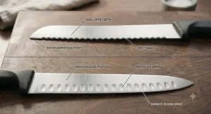 Detailed diagram comparing the scalloped teeth of a serrated bread knife with the fluted Granton edge of a brisket slicing knife.
