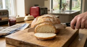 Slicing a soft white bloomer loaf with a stainless steel serrated bread knife for making sandwiches.
