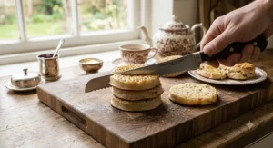 A long serrated bread knife being used to cleanly halve toasted crumpets for a British afternoon tea spread.