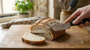 A stainless steel serrated bread knife slicing cleanly through a crusty artisanal sourdough loaf from a UK bakery.