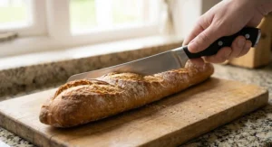 Hand holding a comfortable ergonomic serrated bread knife slicing a French baguette on a wooden chopping board.