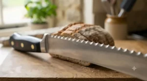 Detailed close-up of the sharp scalloped teeth on a serrated bread knife designed to cut bread without crushing it.