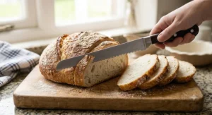 Long serrated bread knife creating even slices from a white artisan bloomer loaf without crushing the soft crumb.