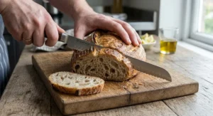 Stainless steel serrated bread knife slicing through a crusty artisanal sourdough loaf on a kitchen worktop.
