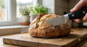 A stainless steel serrated bread knife slicing through a crusty sourdough loaf from a UK bakery.