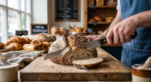 A classic serrated bread knife slicing through a freshly baked sourdough loaf from a UK bakery.