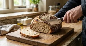 A high quality serrated bread knife cleanly slicing through a crusty loaf of artisanal sourdough bread.