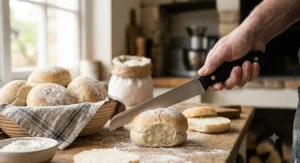 Using a serrated bread knife to slice cleanly through soft white flour baps without squashing them.