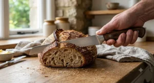 A sharp serrated bread knife slicing through a crusty artisan sourdough loaf on a kitchen worktop