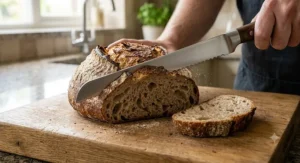 Sharp serrated bread knife slicing through a crusty artisan sourdough loaf on a oak worktop