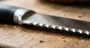 Close-up of the sharp, scalloped teeth on a premium serrated bread knife.