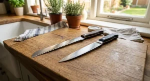 Side by side view showing the differences between a scalloped serrated bread knife blade and a straight boning knife blade.