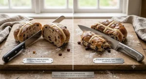 Side-by-side comparison showing why a serrated bread knife is the best bread knife compared to a straight-edge chef knife.