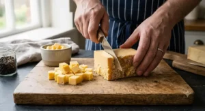 Slicing a block of mature British Cheddar cheese into small cubes with a small straight paring knife.