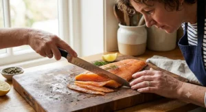 Flexible slicing knife being used to thinly carve delicate slices of Scottish smoked salmon