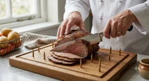 A chef using a 10-inch chef knife to carve thin, clean slices of a British Sunday roast beef joint on a spiked wooden carving board.