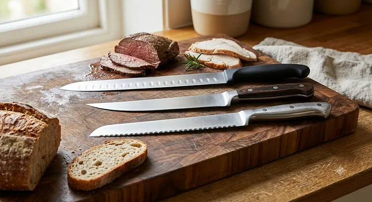 Comparison of a slicing knife, carving knife, and serrated bread knife alongside each other on a wooden chopping board