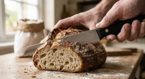 A stainless steel serrated bread knife effortlessly cutting through a hard artisan bread crust.