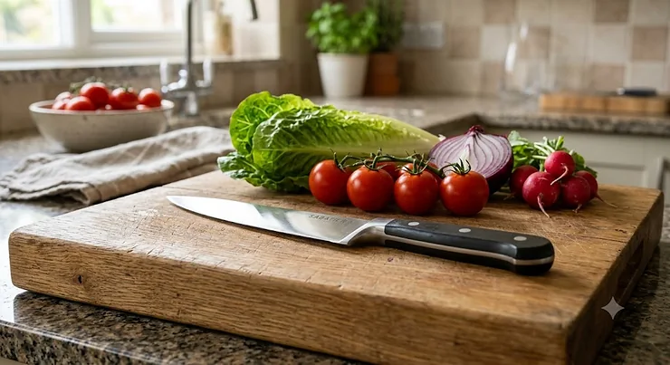Stainless steel utility knife placed on a wooden kitchen chopping board alongside fresh salad vegetables. utility knife kitchen