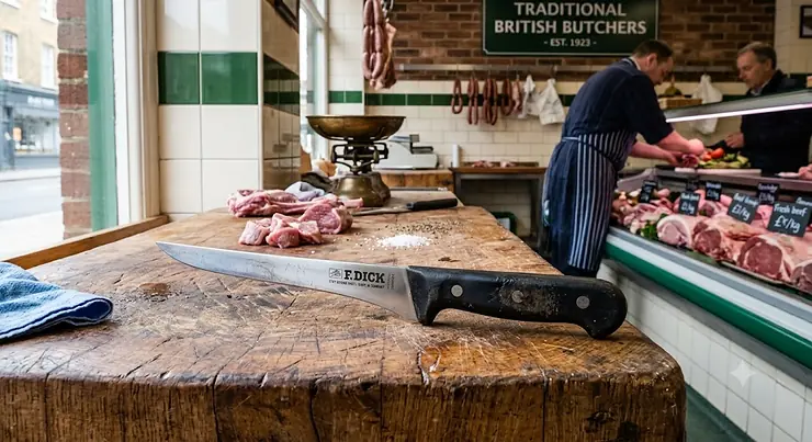 A professional stiff boning knife on a wooden chopping board in a British butcher shop.